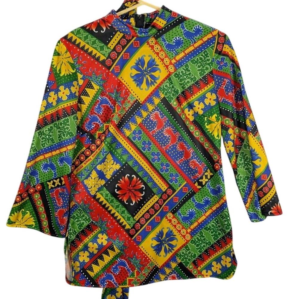 Vtg Sunny South Top Womens 14 Patchwork Multicolor 3/4 Sleeve Belt Boho Hippie